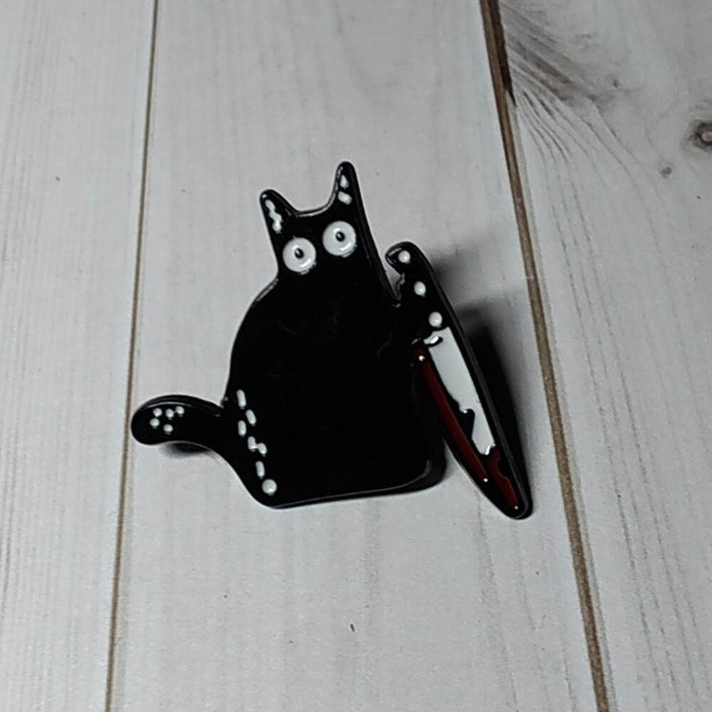 Cute Black Cat & Knife Pin Kitty Lapel Hat Funny Brooch